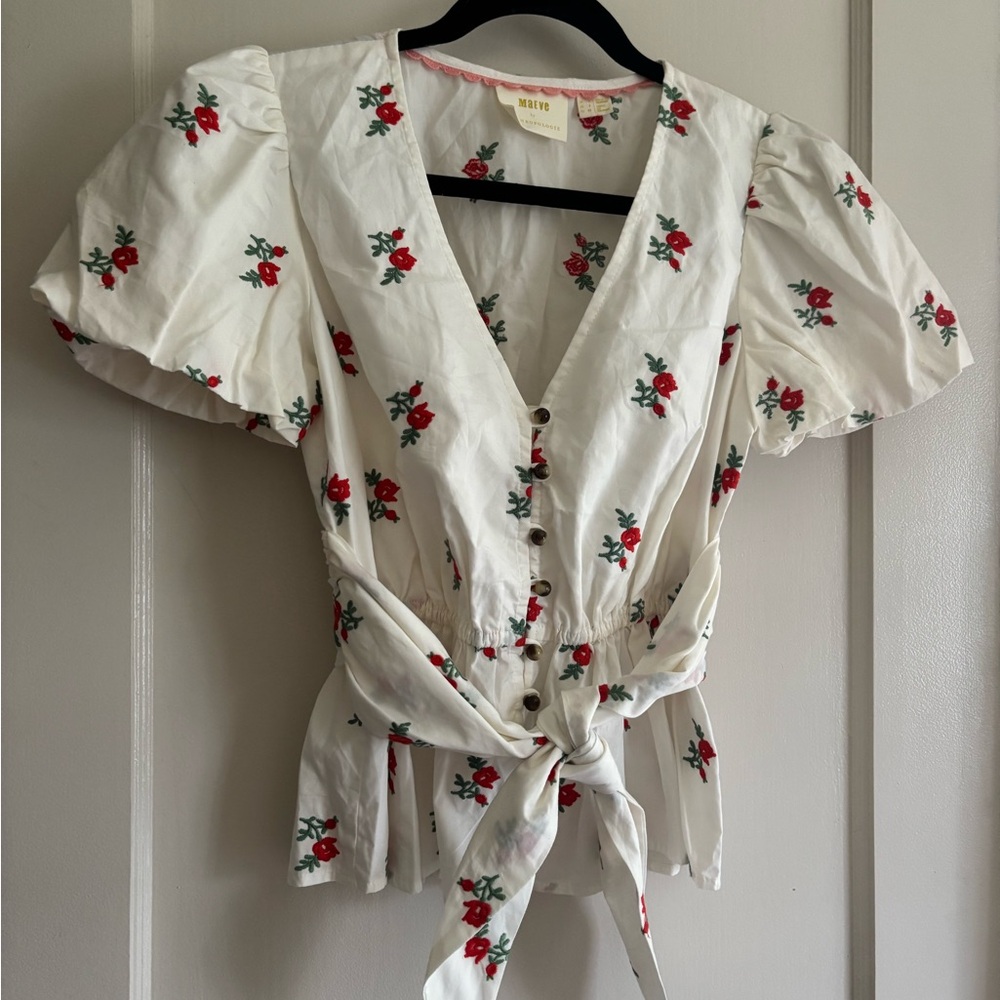 Maeve White Blouse with Red Floral Design